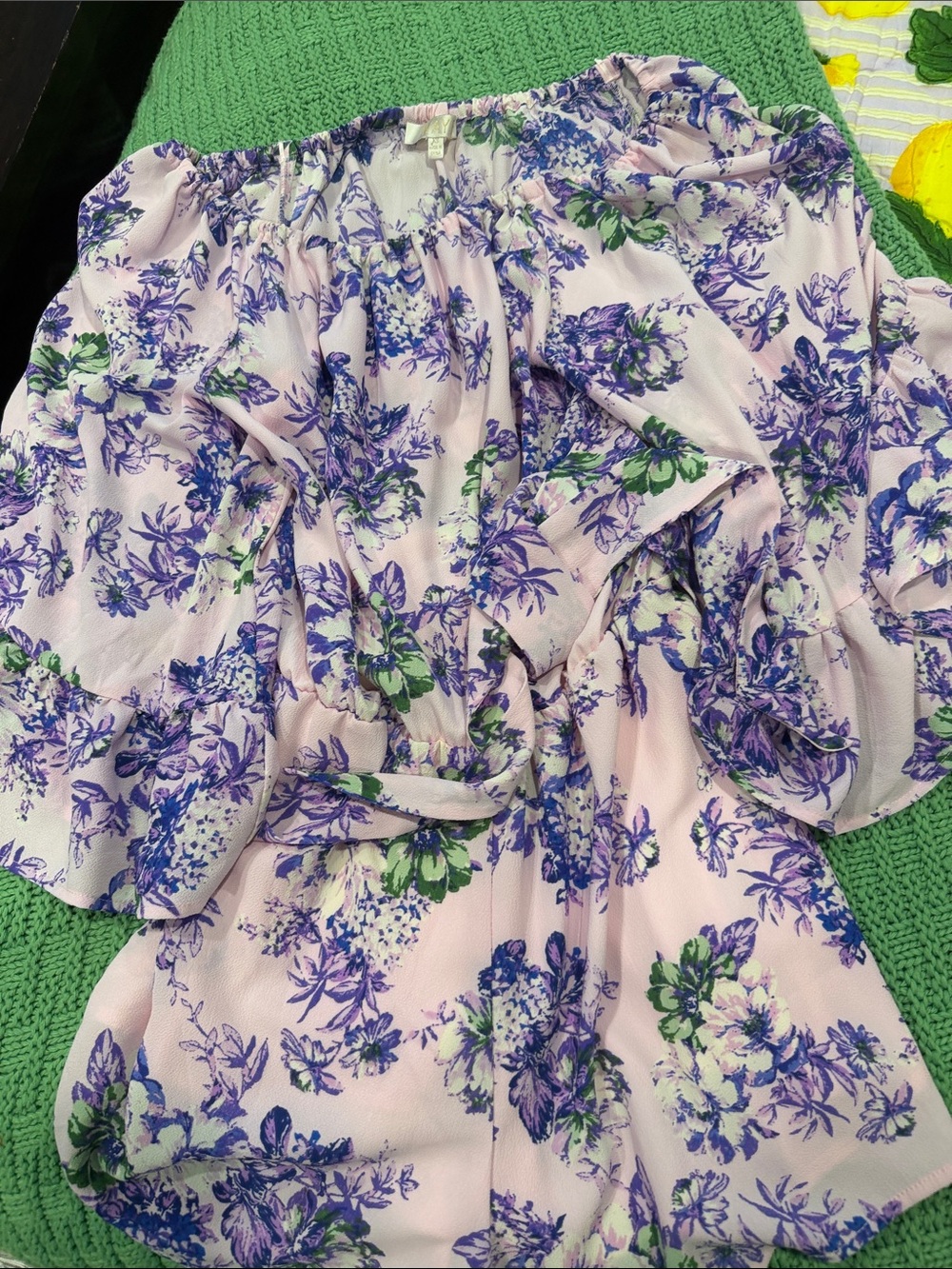 Wayf Pink Floral Off-Shoulder Romper with Purple and Green Print